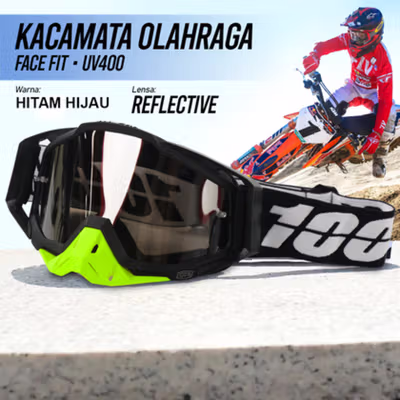 TaffSPORT Kacamata Helm Motor Goggles UV400 Protection Windproof Reflective - UV400 - Black/Green — gambar 1