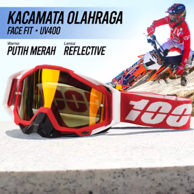 TaffSPORT Kacamata Helm Motor Goggles UV400 Protection Windproof Reflective - UV400 - White/Red — gambar 1