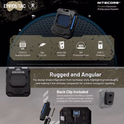 NITECORE Alat Pengusir Nyamuk Elektrik Portable Mat Repeller - EMR05 TAC - Black — gambar 1