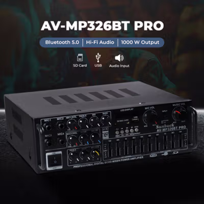 Sunbuck Audio Amplifier Bluetooth HiFi USB Adjustable USB MP3 FM 1000W - AV-MP326BT PRO - Black