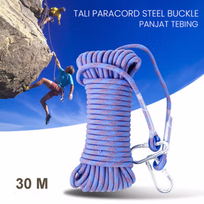 TaffSPORT Tali Paracord Panjat Tebing Climbing Rope Steel Buckle 10mm Panjang 30M - 24KN - Blue