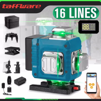 Taffware Laser Level Green Beam 4D 16 Line Alarm Remote Smart App - HG4D - Blue