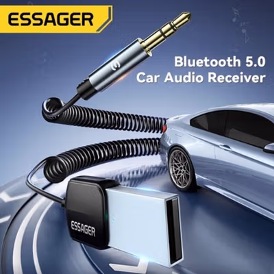 ESSAGER Audio Bluetooth Receiver Adapter 5.0 USB AUX Spring Wire - EBT-LF01-P - Black