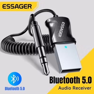 ESSAGER Audio Bluetooth Receiver Adapter 5.0 USB AUX Spring Wire - EBT-YH01-P - Black