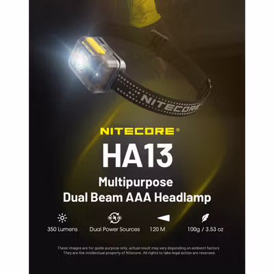 NITECORE Senter Kepala LED Headlamp Dual Beam Lightweight 350 Lumens - HA13 - Black