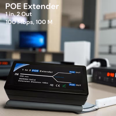 HKBTM POE Extender 2 Port Output LAN Cables 100Mbps 100M - HK453 - Black