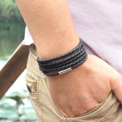 Gelang Tangan Braided Bahan Kulit 5 Lapis - LZ045 - Black — gambar 2