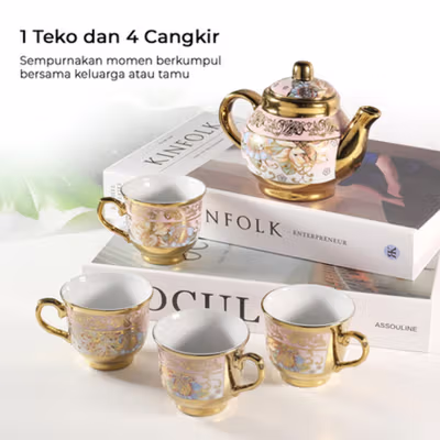 SUNFILI Set Teko Cangkir Keramik Kopi 1 Teapot 4 Cup European Style - B140 - Rose Gold — gambar 2