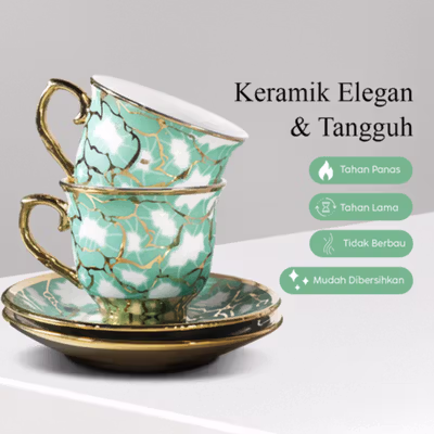 SUNFILI Set Cangkir Kopi Keramik 6in1 European Style Coffee Cup 90ml - B151 - Green — gambar 2