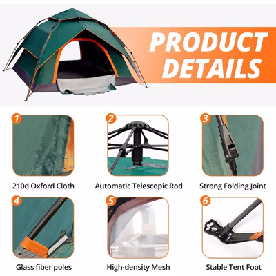 AstaGear Tenda Camping Lipat Otomatis 3-4 Orang Double Layer - ZK50 - Green — gambar 2