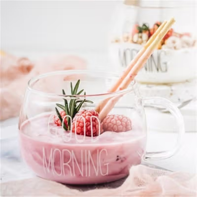 Cangkir Kopi Kaca Tahan Panas Good Morning Aesthetic Mug 350ml - 9H9D - Transparent — gambar 2
