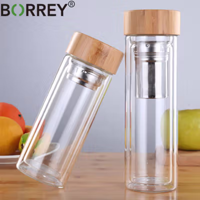 BORREY Botol Minum Kaca Tea Infuser Glass Bottle 330ml - BR-029 - Transparent — gambar 2