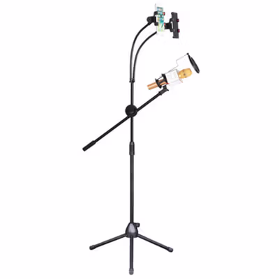 TaffSTUDIO Microphone Standing Tripod with 2 x Smartphone Holder - NB-03 - Black — gambar 2