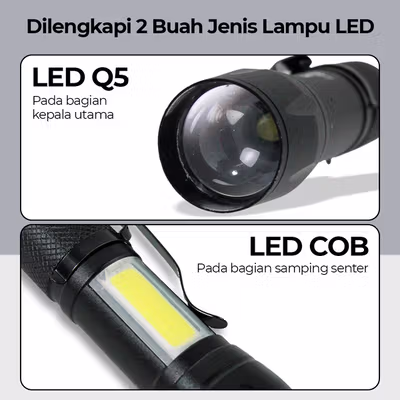 TaffLED Senter LED COB Q5 Mini Rechargeable 300 Lumens - 7098 - Black — gambar 2