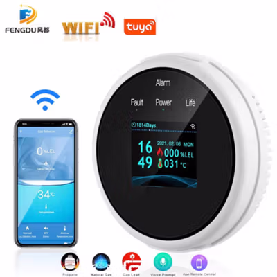 Fengdu Alat Deteksi Gas Bocor Gas Leak Detector Alarm Wifi LCD Screen - FD200 - White — gambar 2