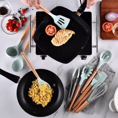 GLANYOMI Set Spatula Silikon Alat Masak Dapur Sutil Tahan Panas 9 PCS - KT397 - Blue — gambar 2