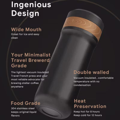 iCafilas Travel Mug Portable French Press Coffee Maker 320ml - FK11 - Black — gambar 2