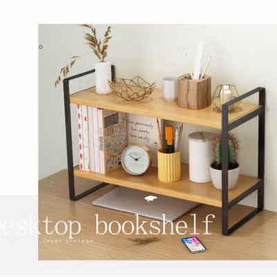 AOLIVIYA Rak Buku Minimalis DIY Table Bookshelf Organizer Double Layer - AO30 - Black — gambar 2