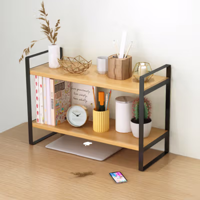 AOLIVIYA Rak Buku Minimalis DIY Table Bookshelf Organizer Double Layer - AO40 - Black — gambar 2