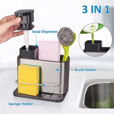 TESOT Dispenser Sabun Cuci Piring 3in1 Stainless Steel Sink Organizer - TH3700 - Silver — gambar 2