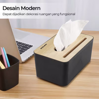 TaffHOME Kotak Tisu Kayu Tissue Box dengan Holder Smartphone - ZJ008 - Black — gambar 2