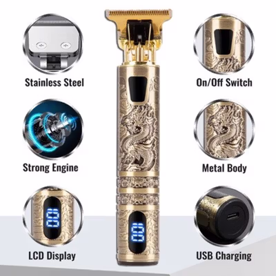 VINTAGE Alat Cukur Rambut Elektrik Hair Trimmer LCD USB with 4 Comb - T9 - Black Gold — gambar 2