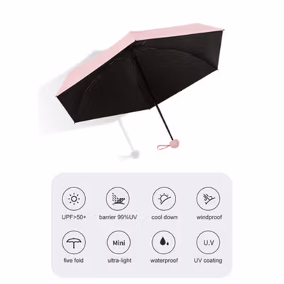 JIASAN Payung Lipat Buka Tutup Manual Polos Anti UV 6 Bone 90cm - A50 - Black — gambar 2
