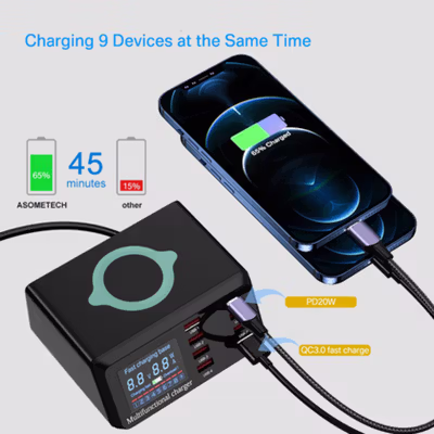 ASOMETECH Charging Station USB Dock QC3.0 Wireless Charge 8 Port 100W - WLX-X9 - Black — gambar 2