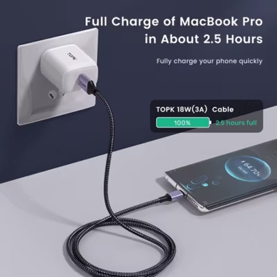 TOPK Kabel Charger USB Data Multifungsi Fast Charging Braided 3A 1M USB Type C - AN10 - Black — gambar 2