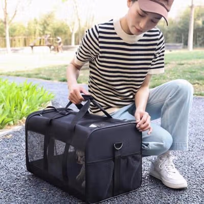 HATLUES Tas Kucing Anjing Portable Breathable Oxford Pet Carrier - HT-42 - Black — gambar 2