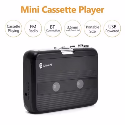 Tonivent Player Kaset Tape Walkman Cassette Player Bluetooth FM Radio - TON007B - Black — gambar 2