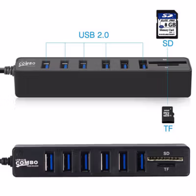 Card Reader 8in1 USB 2.0 USB Hub USB 2.0 MicroSD SD TF Card - CB220602 - Black — gambar 2