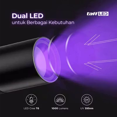 TaffLED Senter UV LED Cree T6 1000 Lumens Zoom Portable 395nm - T118 - Black — gambar 2