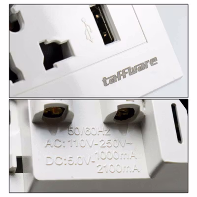 Taffware Stop Kontak Dinding Universal UK EU US dan 2 USB Port - ATH1 - White — gambar 2