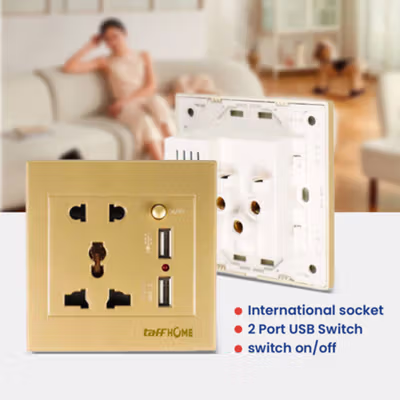 TaffHOME Stopkontak Universal UK EU US with 2 Port USB Switch - LC-23 - Golden — gambar 2