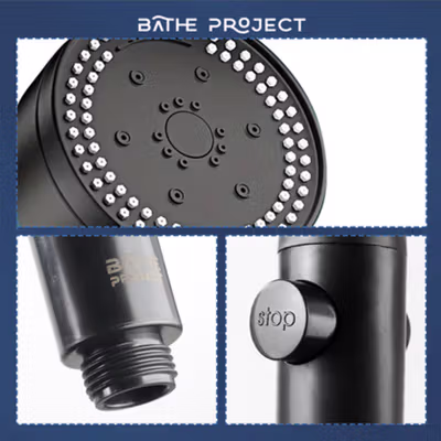 BATHE PROJECT Kepala Shower Mandi One-Key Stop 8 Mode Adjustable - SH28 - Black — gambar 2