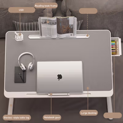 TaffHOME Meja Lipat Laptop Belajar Foldable Bed Table with USB Port - KS03 - Black — gambar 2