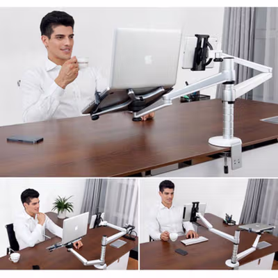 Bracket Laptop dan Tablet Holder Mount Multifungsi Aluminium 2 Arm - OA-9X - Silver — gambar 2