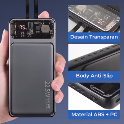 Shark Power Bank 10000mAh Fast Charging PD 2in1 Cable USB Port 22.5W - KP103 - Black — gambar 2