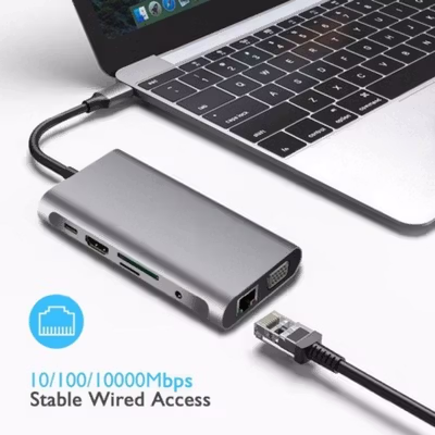 EASYIDEA USB Type C Hub 10 in 1 HDMI VGA USB 3.0 LAN RJ45 Card Reader - VD76 - Gray — gambar 2