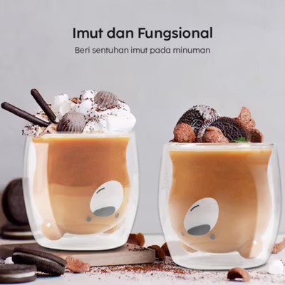SIBAOLU Gelas Kaca Aesthetic Tahan Panas Double Wall Bear Glass 270ml - C8784 - Transparent — gambar 2