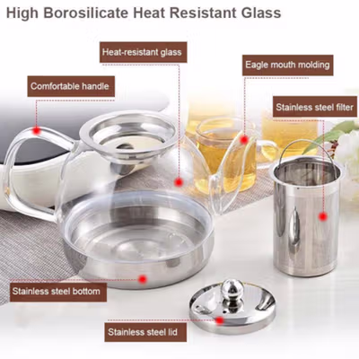 One Two Cups Teko Teh Kaca Saringan Tahan Panas Api Infuser Teapot 1.18L - TP-760 - Transparent — gambar 2