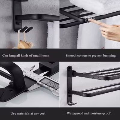 CANRY Rak Dinding Kamar Mandi Gantungan Handuk Double Layer Foldable 58cm - C2 - Black — gambar 2