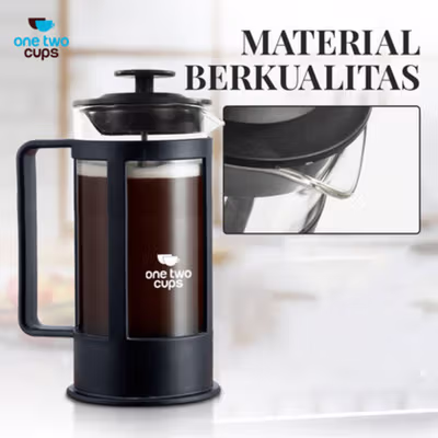 One Two Cups French Press Coffee Maker Pot Plunger Borosilicate Glass 350ml - FN35 - Black — gambar 2