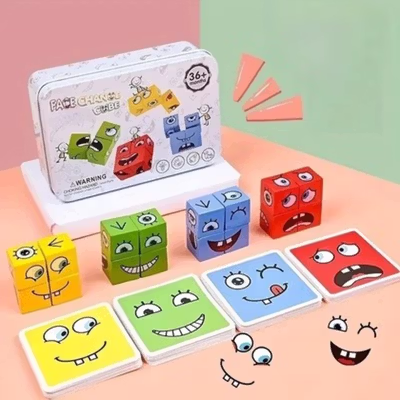 Yijia Mainan Puzzle Kubus Kayu Face Changing Funny Building Blocks - MMM-1055 - Multi-Color — gambar 2