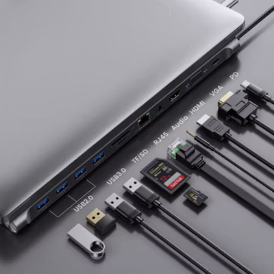 Docktion USB Hub Type C Adaptor 11in1 HDMI 4K AUX Card Reader - BYL-2003 - Gray Silver — gambar 2