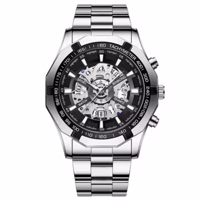BINBOND Jam Tangan Analog Watch Quartz Waterproof - B-45 - Black/Silver — gambar 2