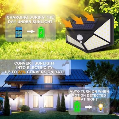 VKTECH Lampu Dinding Solar PIR Sensor IP65 100 LED Natural White - VK30 - Black — gambar 2