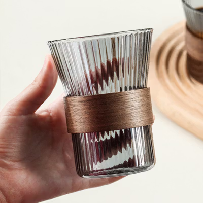 GIANXI Gelas Kaca Aesthetic Kopi Teh Japanese Wood Sleeve Glass 300ml - GN14 - Transparent — gambar 2