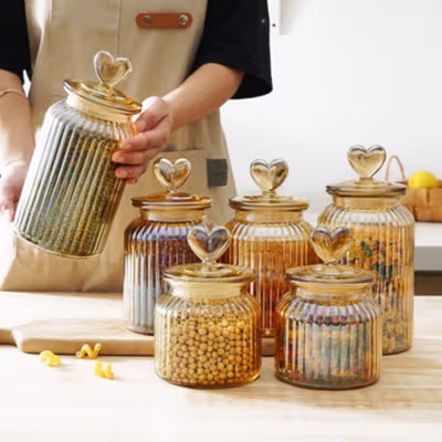 One Two Cups Toples Kaca Penyimpanan Makanan Kedap Udara 950ml Vertical Line - GFS137 - Brown — gambar 2